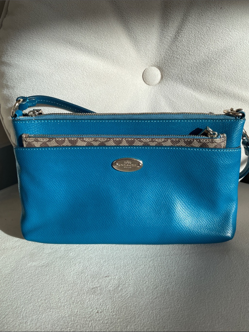 Coach Turquoise Blue Leather Crossbody Wristlet with Signature Accent